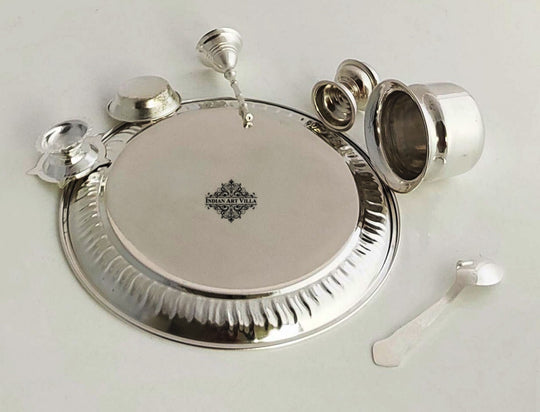 Silver Plated Pooja Thali set, this set includes all the materials that you need to worship your God / Lord. This Beautiful Set looks attractive when kept in your temple.