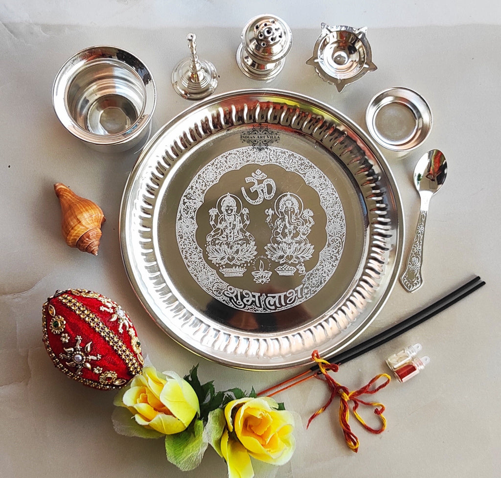 Indian Art Villa Handmade Decorative Silver Plated Laxmi & Ganesh Pooja Thali Set Set of 7 Pieces - Temple Workship Festivals Occasion Home Decore  Gift item