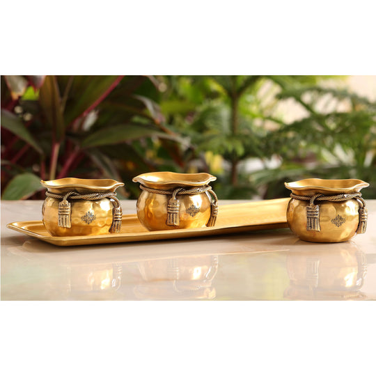 Pure Brass 3 Bowls with Neck Tie Design and 1 trey in Red Gift Box