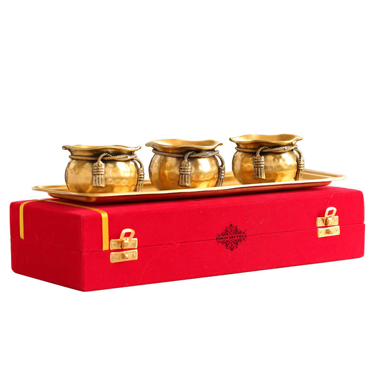 Pure Brass 3 Bowls with Neck Tie Design and 1 trey in Red Gift Box