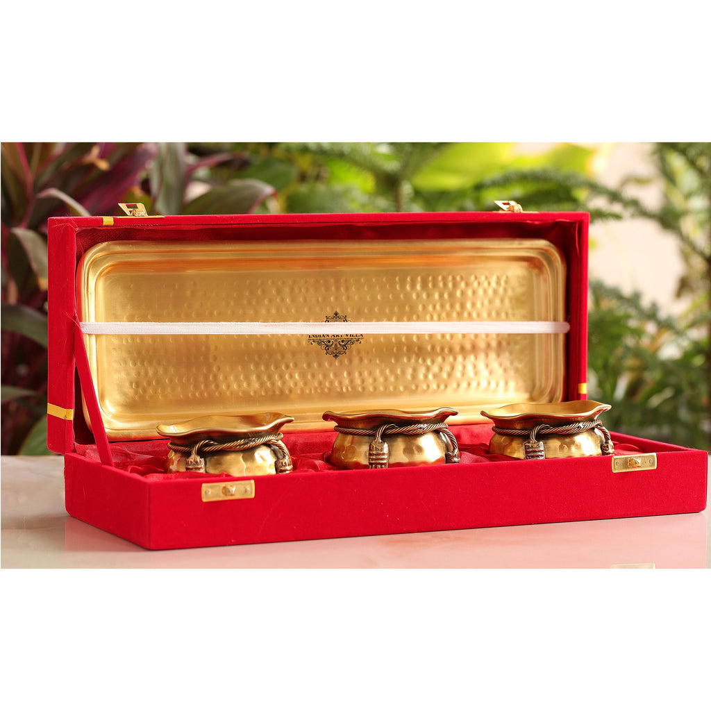 Indian Art VillaBrass 3 Bowls and 1 Tray in tie Design on neck and gold colour with red gift box