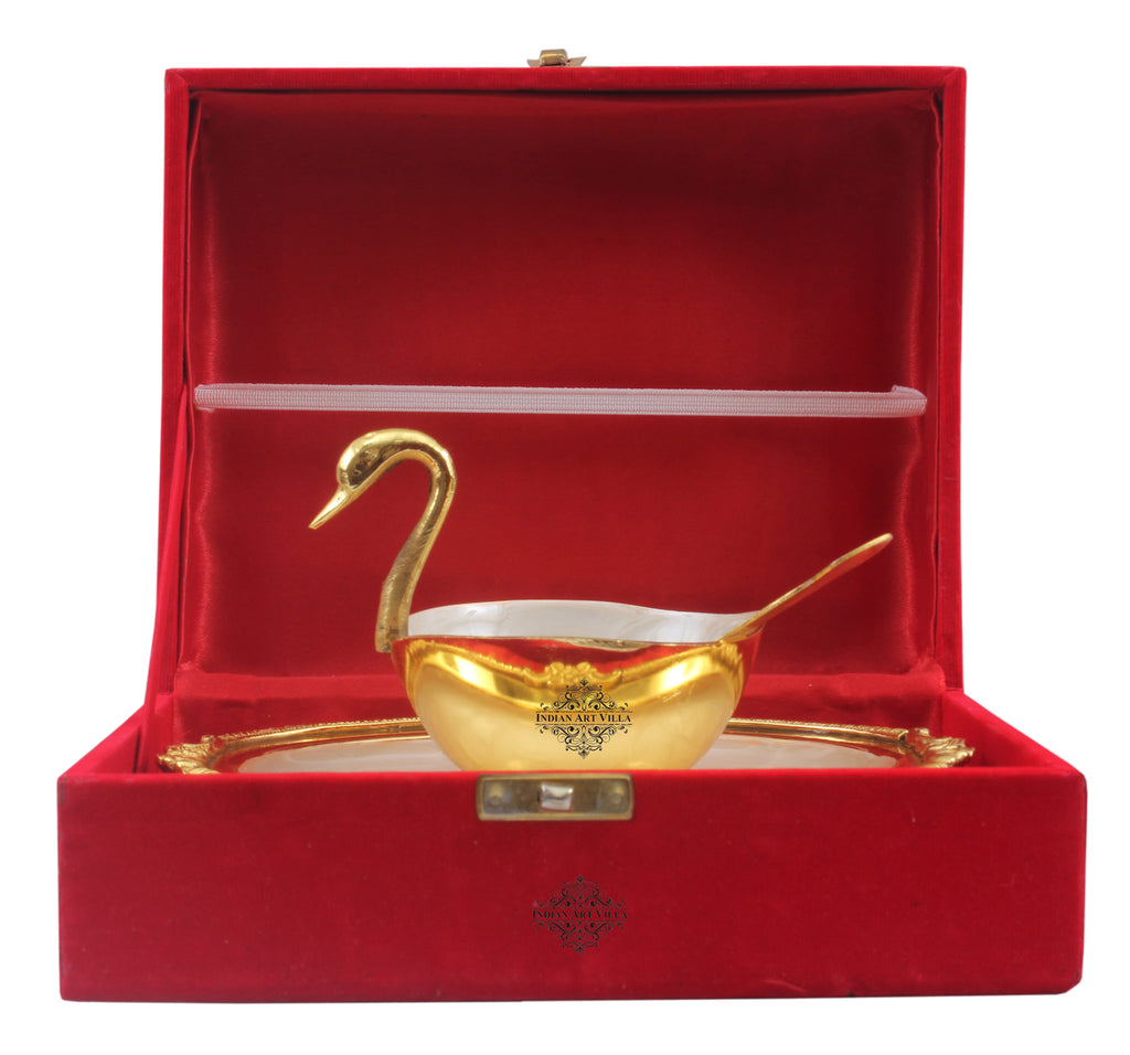 Indian Art Villa Gold Polish Ceremic Finish Duck Design Bowl with 1 Tray & 1 Spoon