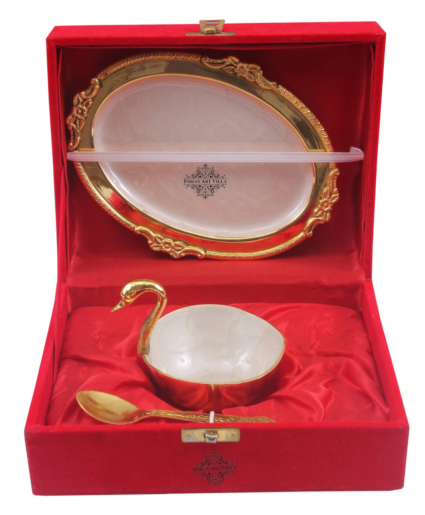 Indian Art Villa Gold Polish Ceremic Finish Duck Design Bowl with 1 Tray & 1 Spoon