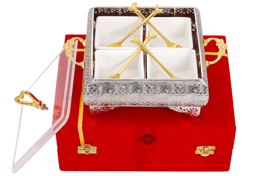 Indian Art Villa Silver Plated Brass Designer Storage Box Dry Fruit Container 4 Compartments, Gift Item, Home Decore, 7.7" Inch, Gold