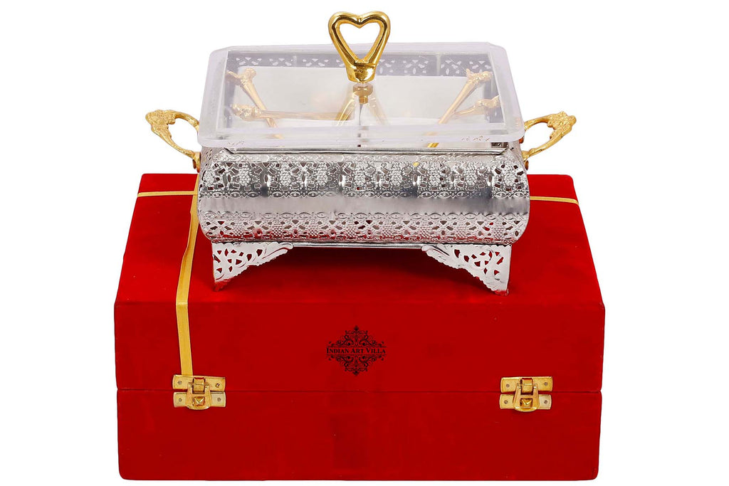 Indian Art Villa Silver Plated Brass Designer Storage Box Dry Fruit Container 4 Compartments, Gift Item, Home Decore, 7.7" Inch, Gold