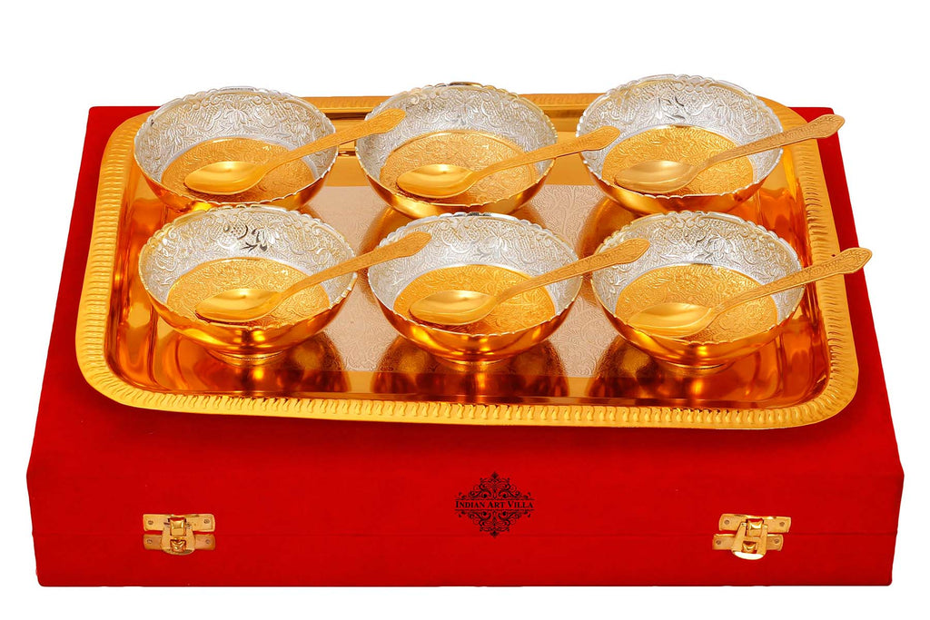 Silver Plated Gold Polished Handmade floral 6 Bowls Set With 6 Spoons & 1 Tray, Festive Gifts