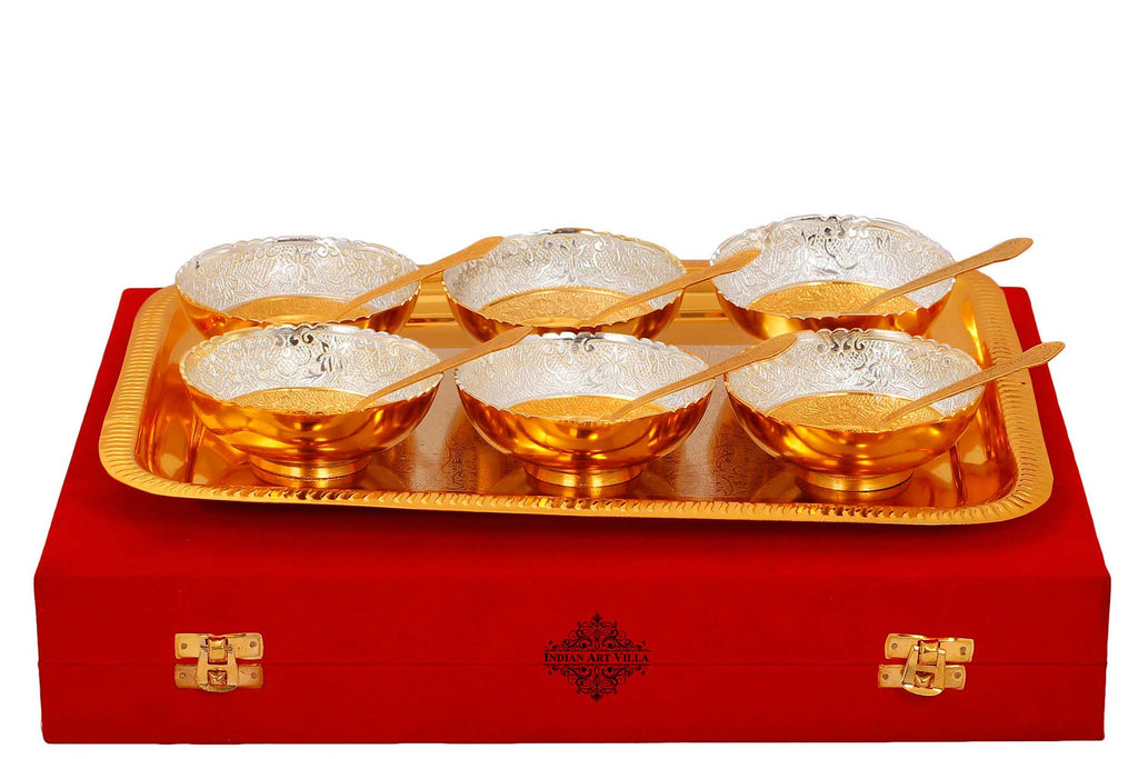 Indian Art Villa Silver Plated Gold Polished Lotus Design 6 Bowl with 6 Spoon & 1 Tray