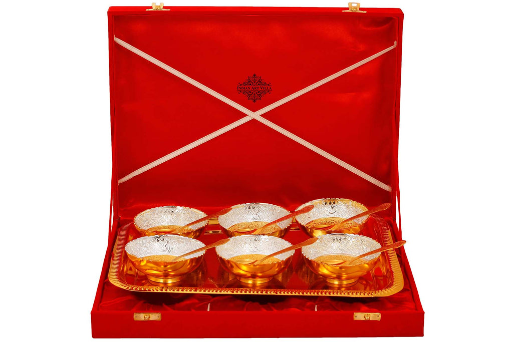 Indian Art Villa Silver Plated Gold Polished Lotus Design 6 Bowl with 6 Spoon & 1 Tray
