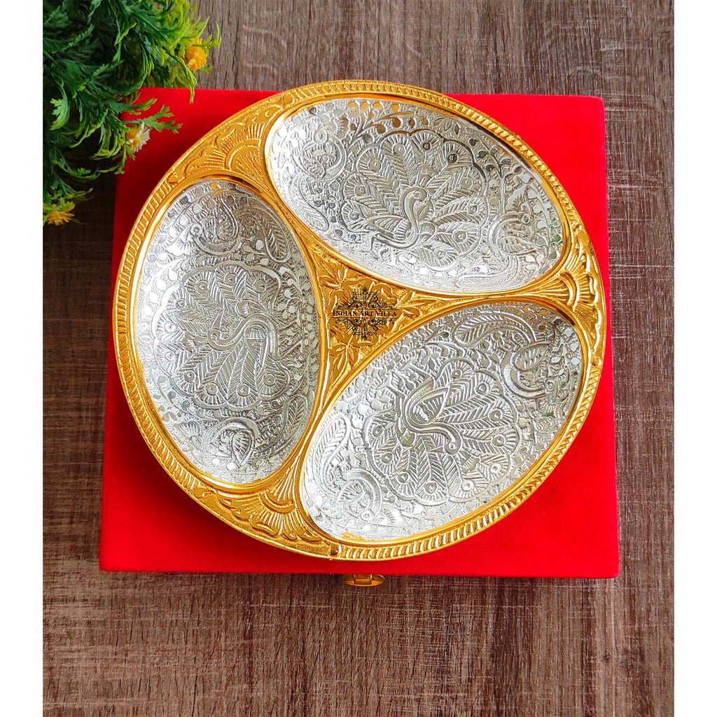 INDIAN ART VILLA Silver-plated gold Polished aluminum inside peacock Engraved Decorative Platter