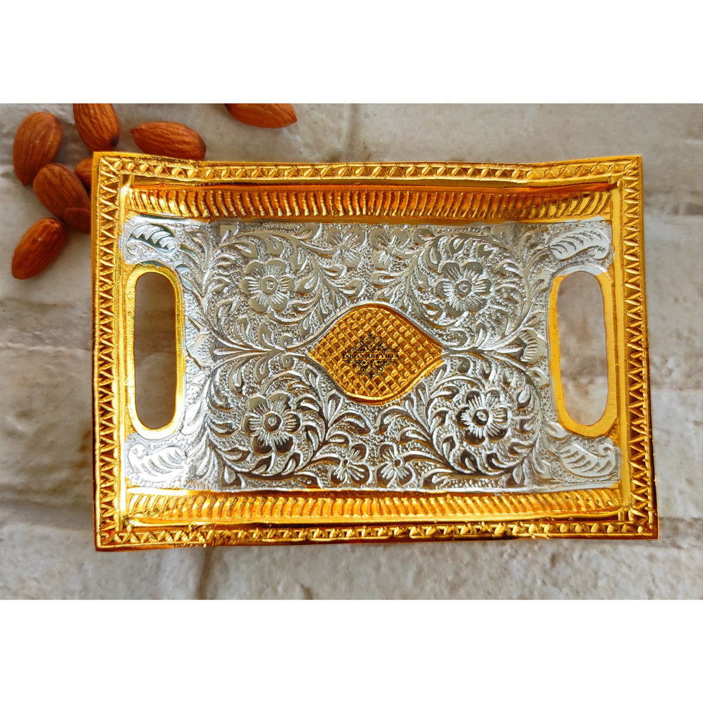 Indian Art Villa Silver-plated gold Polished Aluminum Flower Engraved rectangular Decorative Platter/Tray Width - 16"