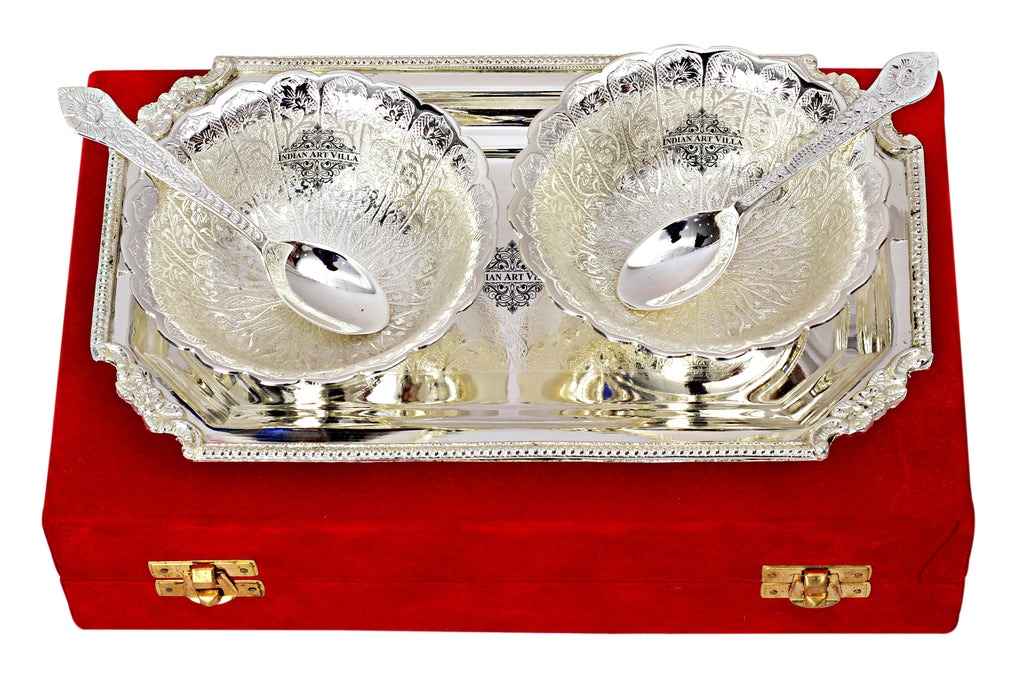 Indian Art Villa Silver Plated Set of 2 Curved Bowl with 2 Spoon & 1 Tray