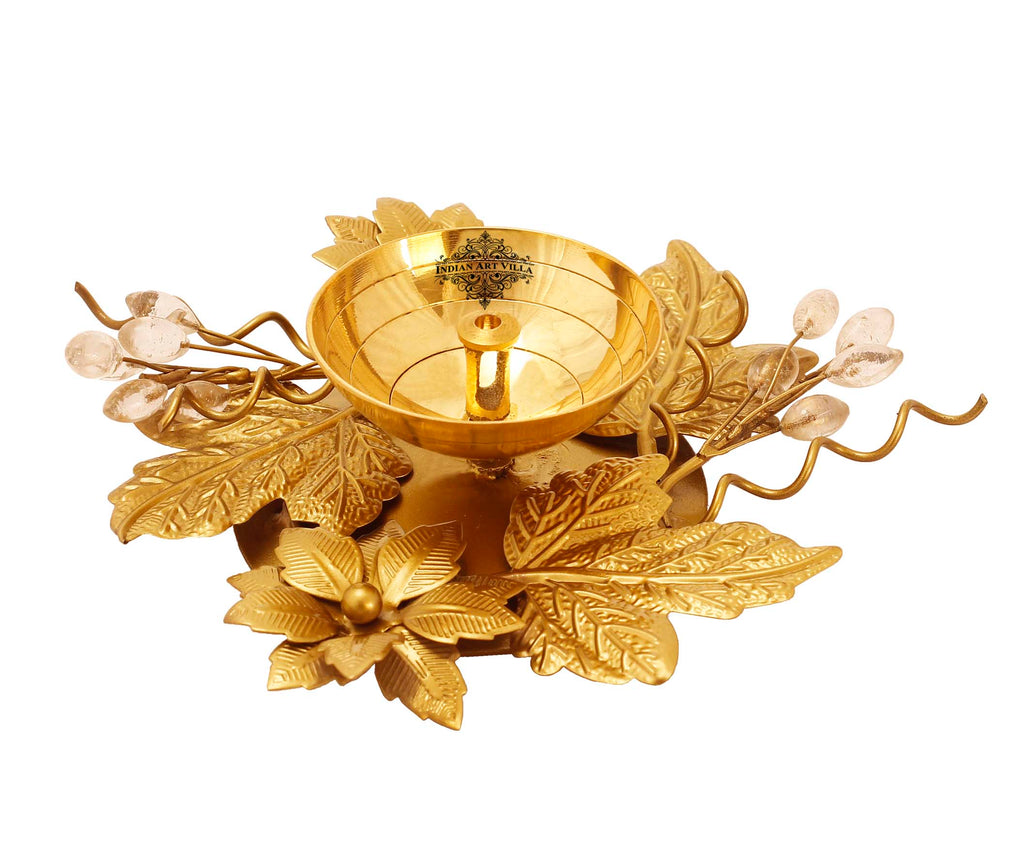 Indian Art Villa Silver Plated Gold Polish Flower And Leaf Design Diya, 6" Inch