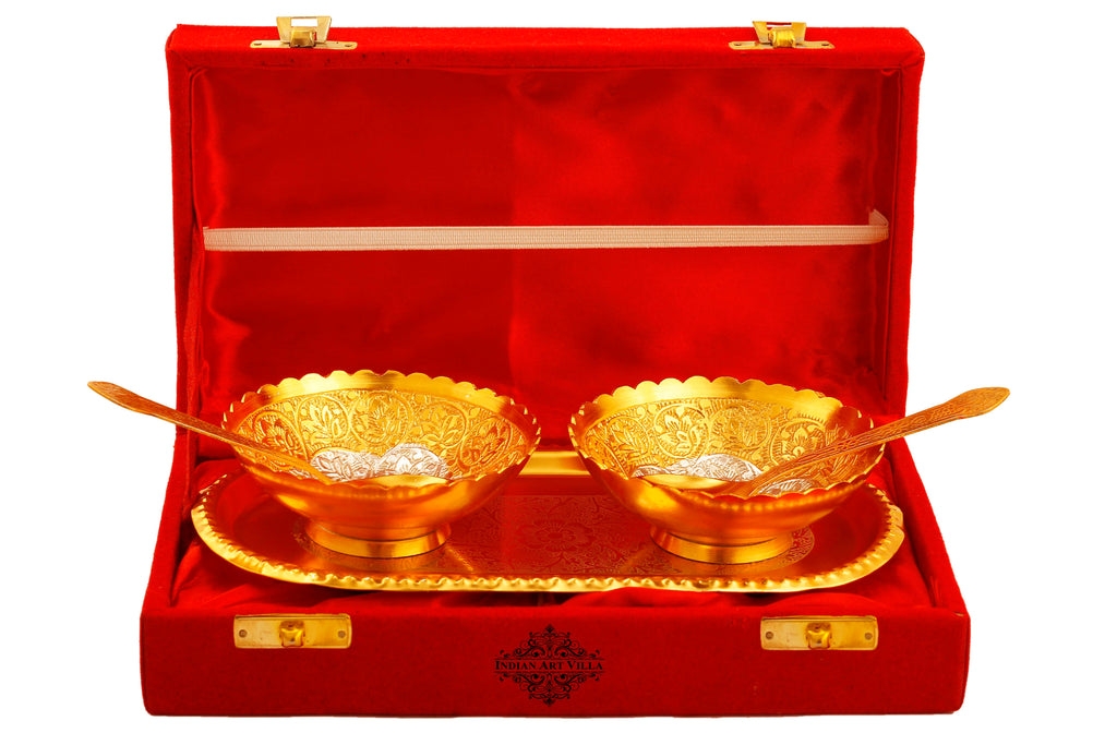 Indian Art Villa Pure Silver Plated Design 2 Bowl with 2 Spoon & 1 Tray