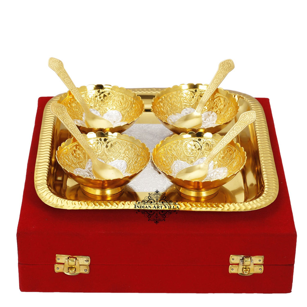 Indian Art Villa Silver Plated Gold Polished Embossed Flower Design Bowl Set With 4 Spoons & 1 Tray, Service For 4, Festive Gifts