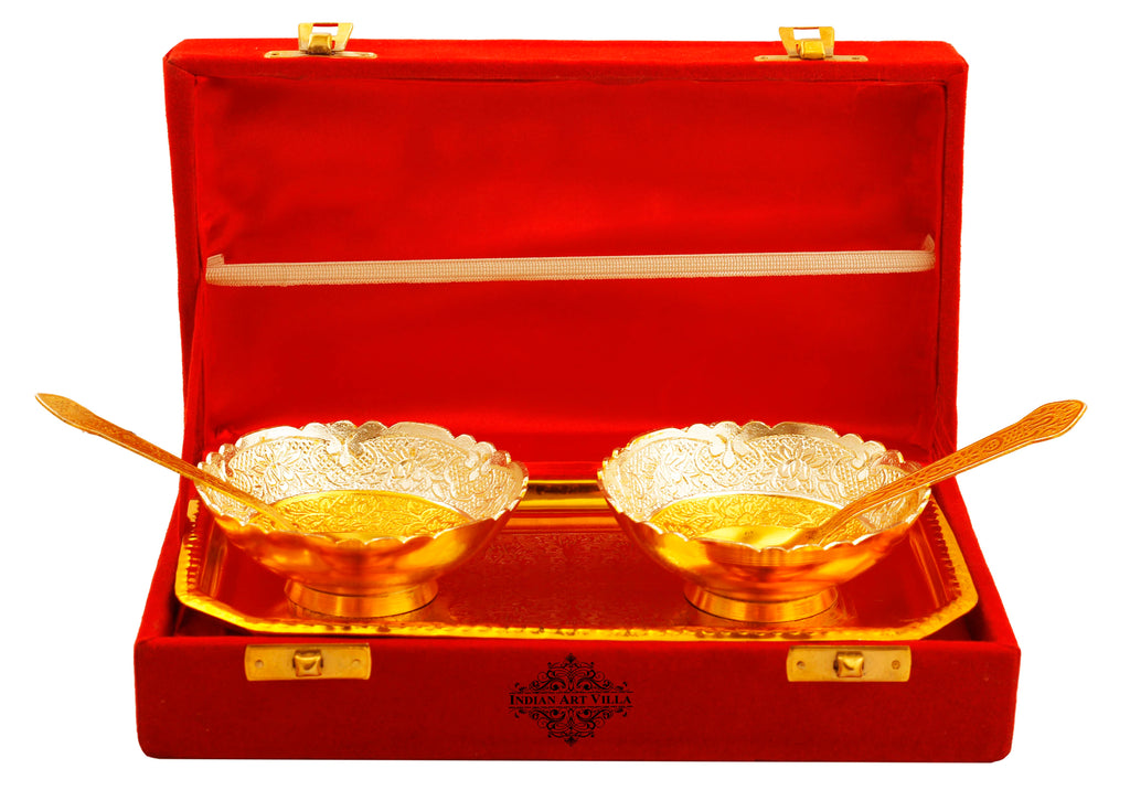Indian Art Villa Pure Silver Plated Gold Polished Embossed Flower Design 2 Bowl with 2 Spoon & 1 Tray