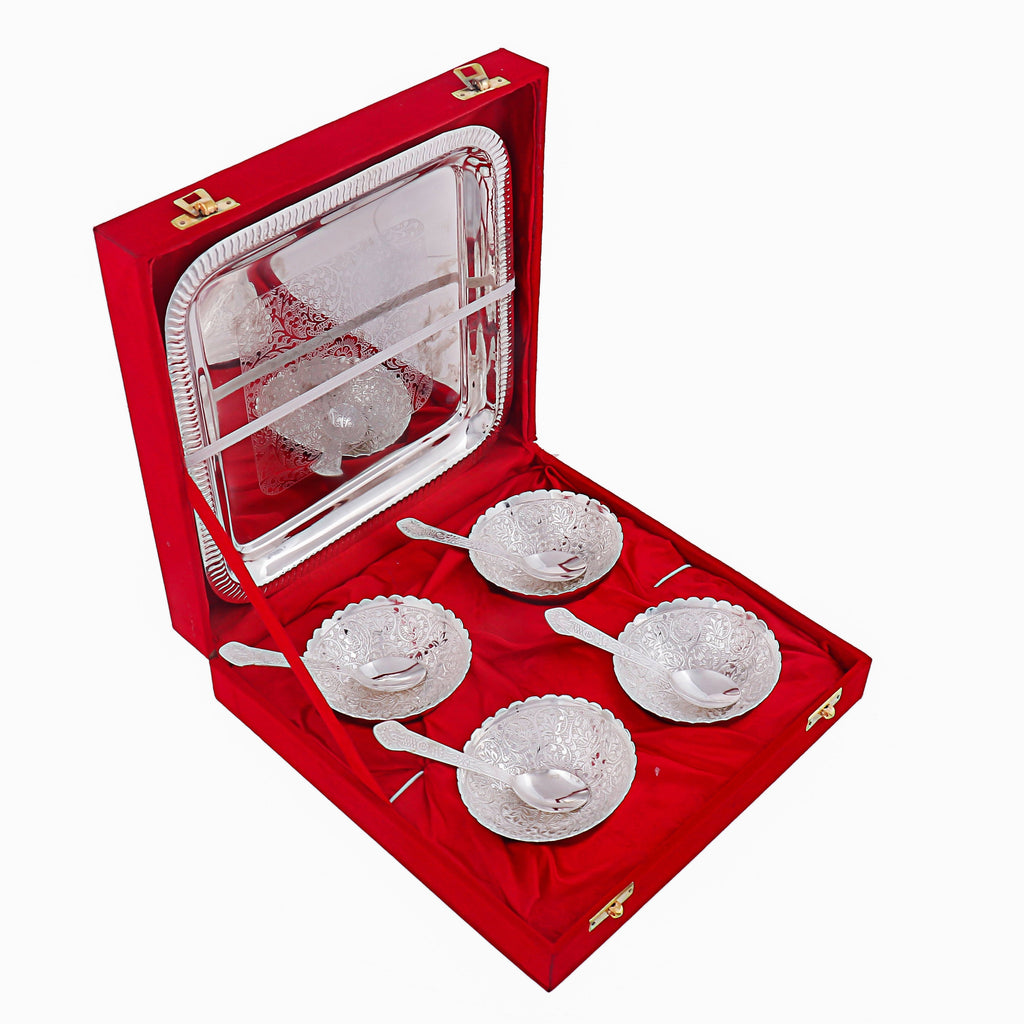 Indian Art Villa Silver Plated Embossed Flower Design 4 Bowl Set With 4 Spoons & 1 Tray, Service For 4, Festive Gifts