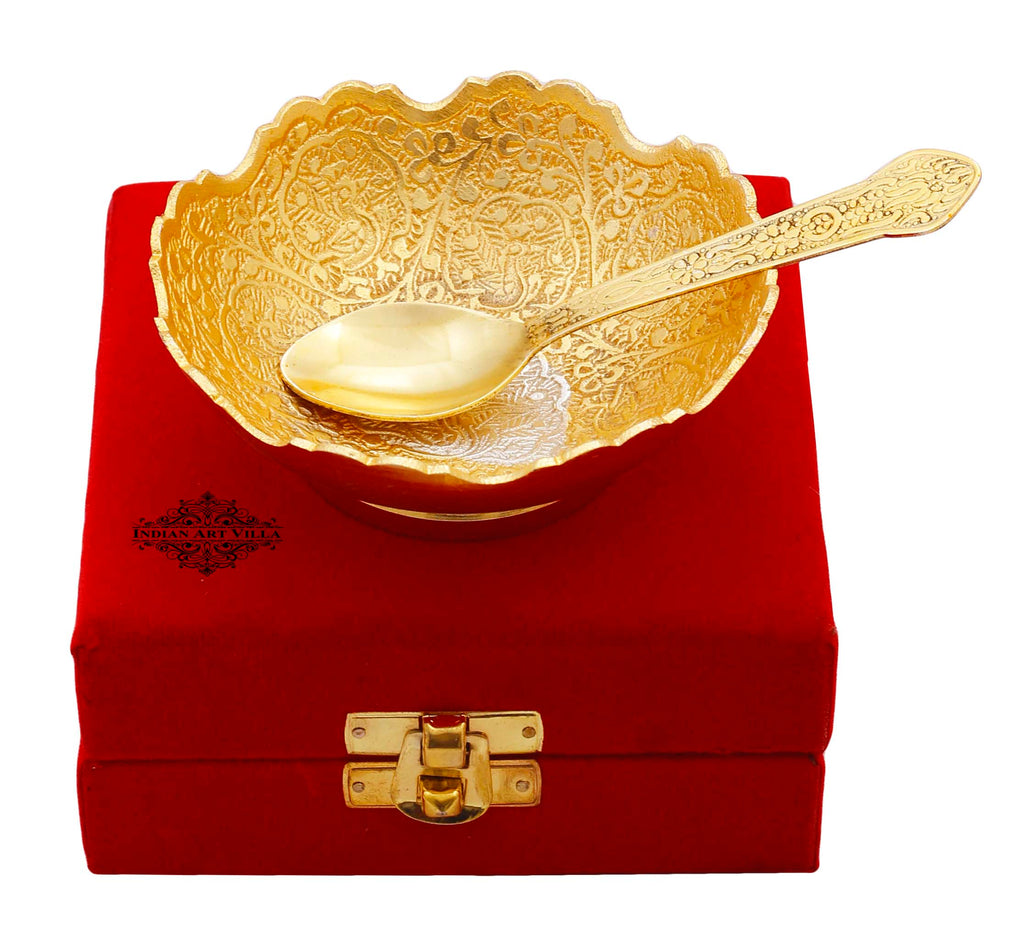 Indian Art Villa Pure Silver Plated Gold Polished Embossed Flower Design Bowl With Spoon, Diwali Festive Gifts Item