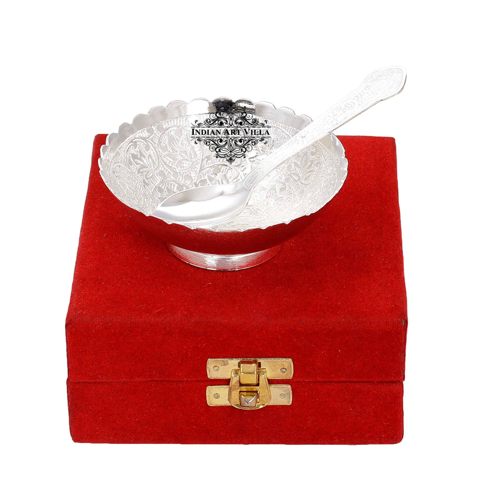 Indian Art Villa Pure Silver Plated Flower Design Bowl And Spoon With Gift Box Festive Gifts
