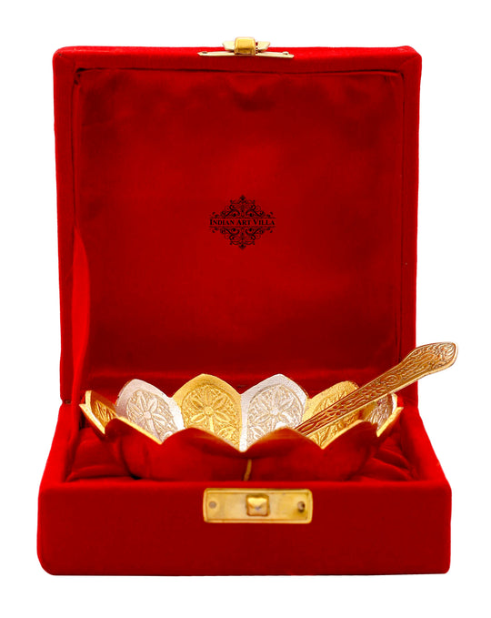 Pure Silver Plated & Gold Polished Lotus Design Bowl With Spoon, Diwali Festive Gifts Item, Set of 2