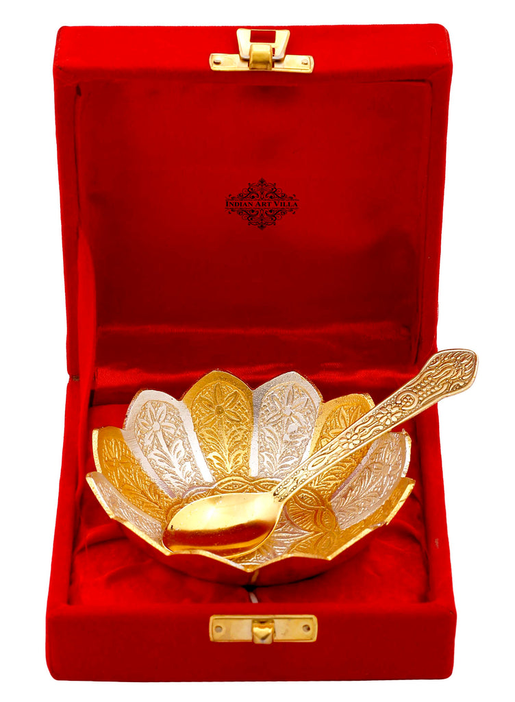 Indian Art Villa Pure Silver Plated & Gold Polished Lotus Design Bowl With Spoon, Diwali Festive Gifts Item