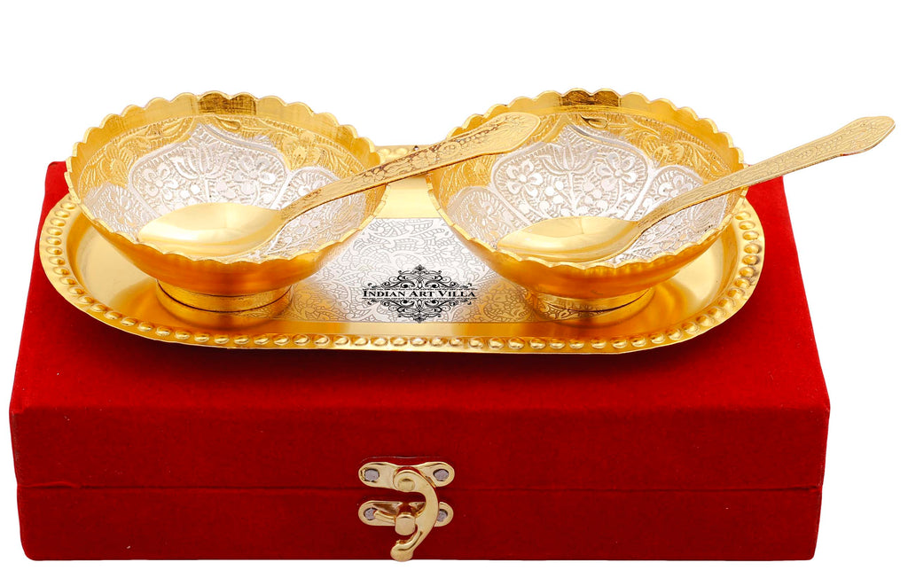 Indian Art Villa Silver Plated Gold Polished Embossed Flower Design Set of 2 Bowl with 2 Spoon & 1 Tray, Diwali Festive Gifts Item