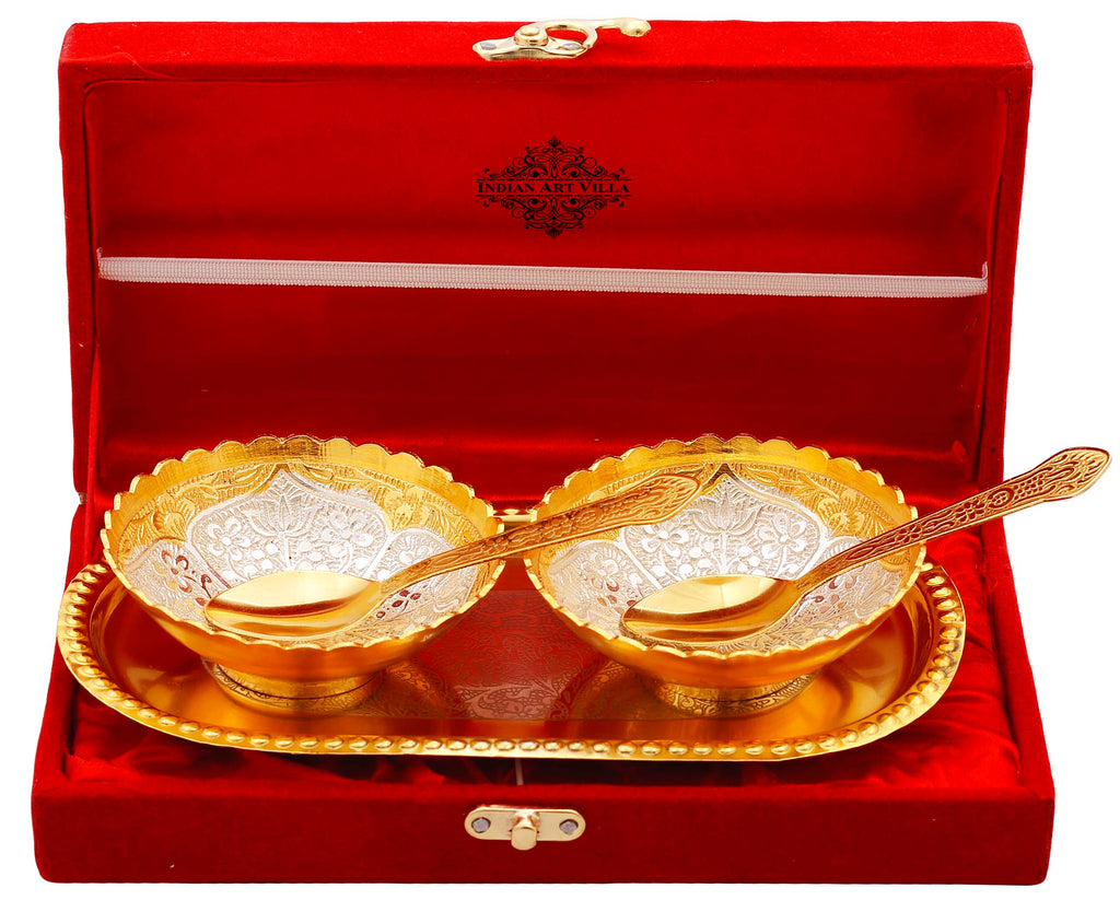 Indian Art Villa Silver Plated Gold Polished Embossed Flower Design Set of 2 Bowl with 2 Spoon & 1 Tray, Diwali Festive Gifts Item