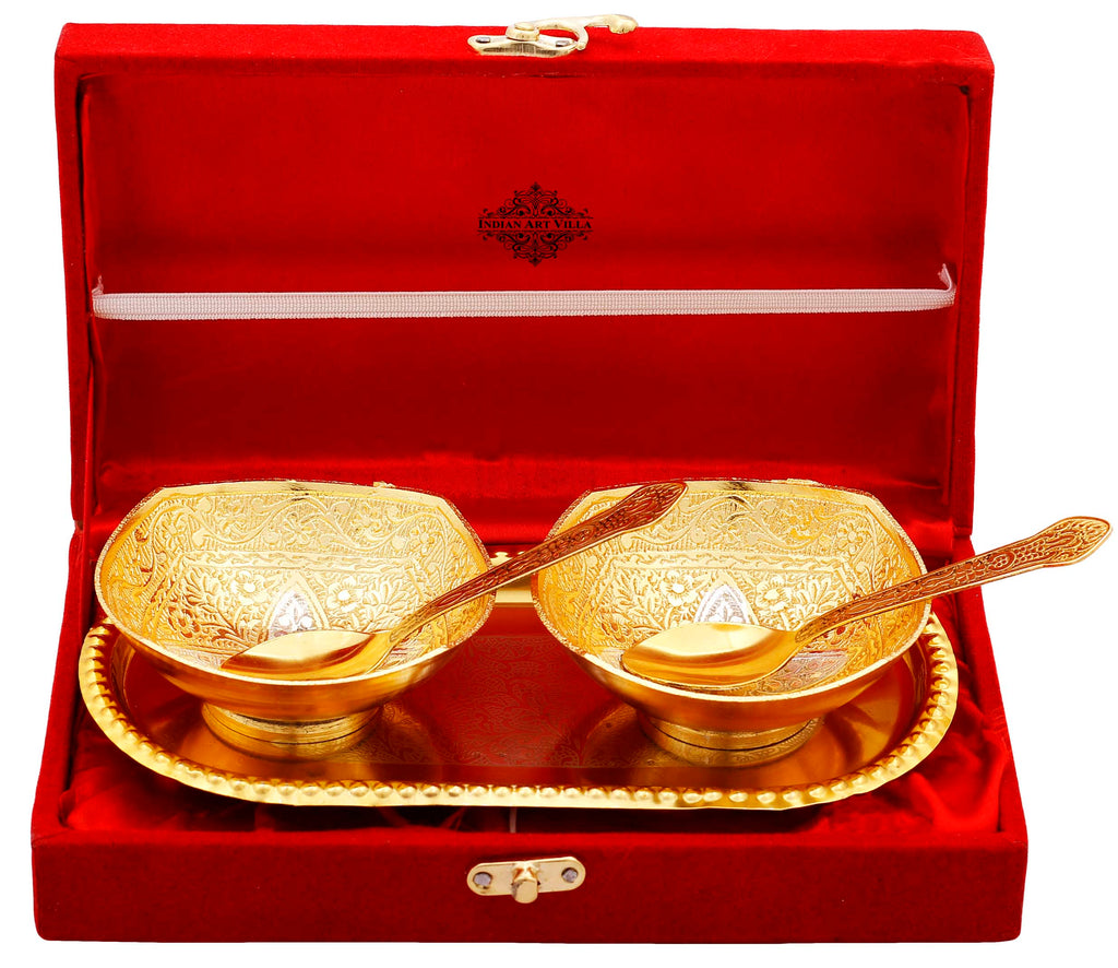 Silver Plated Gold Polished Embossed Flower Design Set of 2 Bowl with 2 Spoon & 1 Tray, Diwali Festive Gifts Item