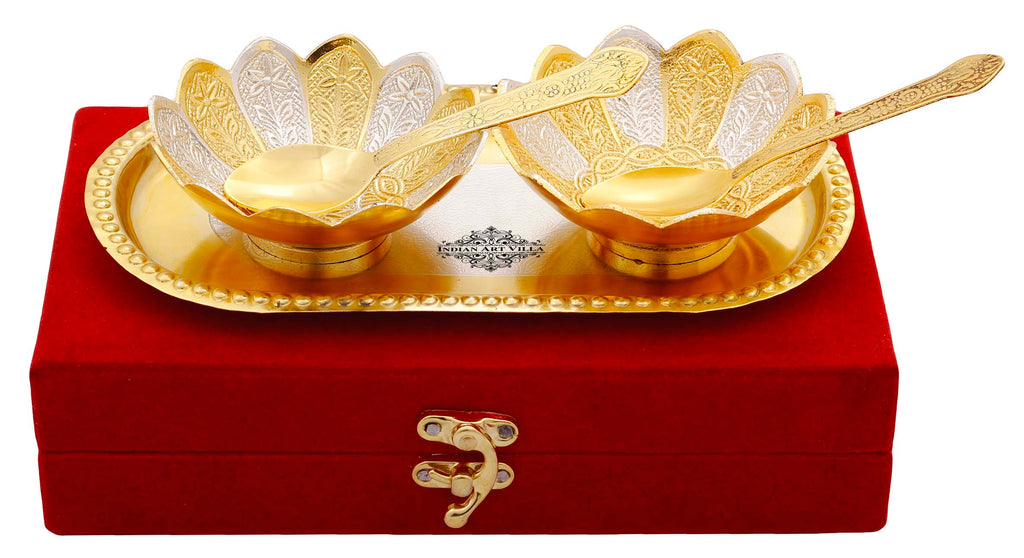 INDIAN ART VILLA Silver Plated Gold Polished Lotus Design Set of 2 Bowl with 2 Spoon & 1 Tray, Diwali Festive Gifts Item