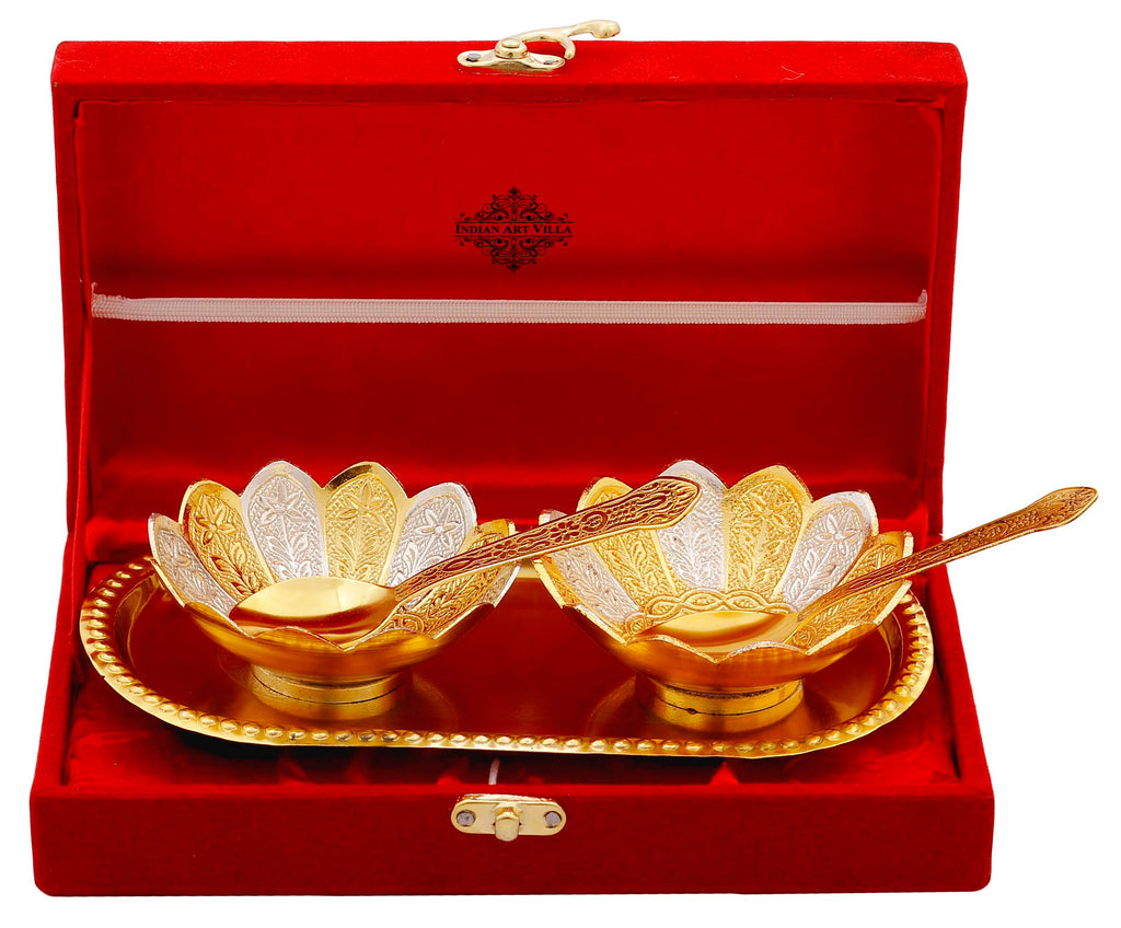 Silver Plated Gold Polished Lotus Design Set of 2 Bowl with 2 Spoon & 1 Tray, Diwali Festive Gifts Item