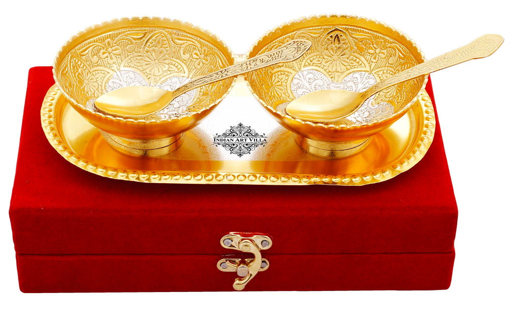 Silver Plated Gold Polished Embossed Flower Design Set of 2 Bowl with 2 Spoon & 1 Tray, Diwali Festive Gifts Item