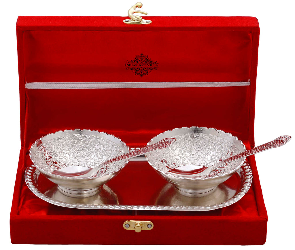 Silver Plated Embossed Flower Design Set of 2 Bowl with 2 Spoon & 1 Tray