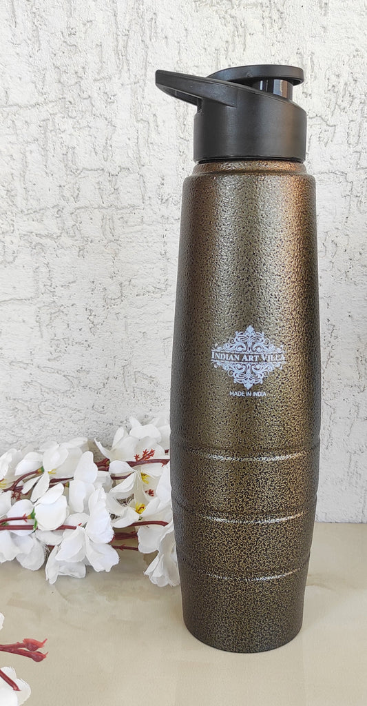 Indian Art Villa Stainless Steel Bottle Curve & Lining Design With Sipper Cap, Color-Antique Copper, Volume-1000 ML