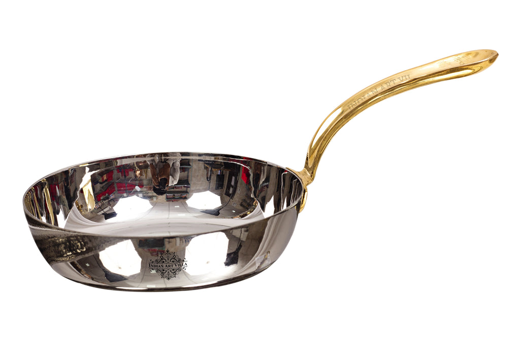 Indian Art Villa Pure Steel Mirror Fry Serving Pan with Brass Handle