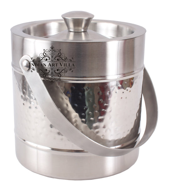 Pure Steel Hammered Ice Bucket with Lid - Storing Serving Ice Cubes