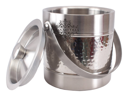 Pure Steel Hammered Ice Bucket with Lid - Storing Serving Ice Cubes