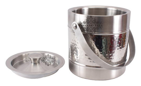 Pure Steel Hammered Ice Bucket with Lid - Storing Serving Ice Cubes