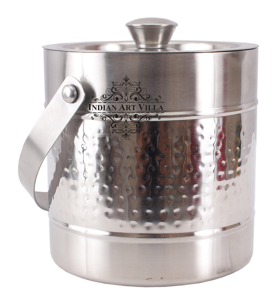 Indian Art Villa Pure Steel Hammered Ice Bucket with Lid - Storing Serving Ice Cubes
