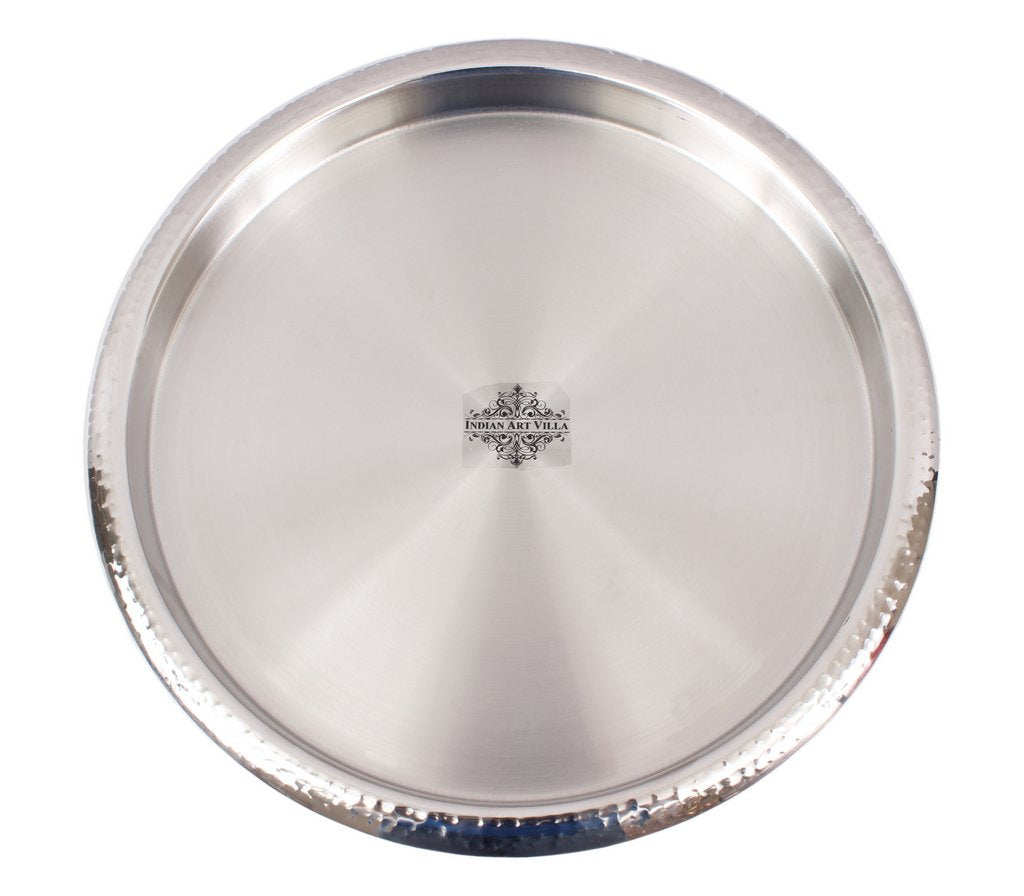 Indian Art Villa Stainless Steel Hammered Plate Thali | Serving Food Dishes Home Hotel Restaurant | Diameter 13.5 inch