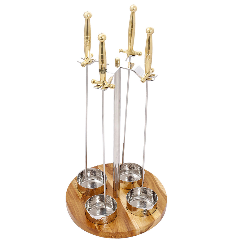INDIAN ART VILLA Steel Barbecue Stand With Skewers  Dip Bowls & Wooden Base Height 20.3" Inch