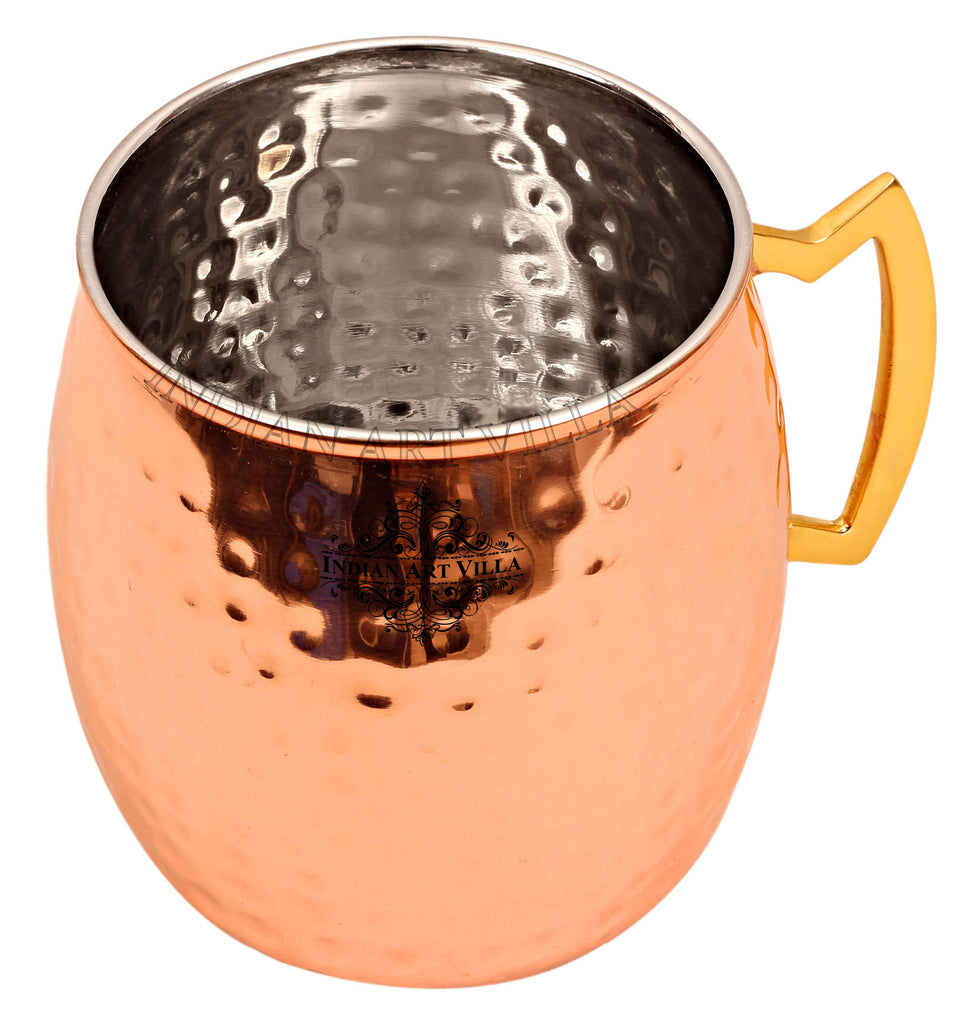 Indian Art Villa Steel Copper Hammered Round Shaped Moscow Mule, Beer Mug with Designer Brass Handle, 600ml