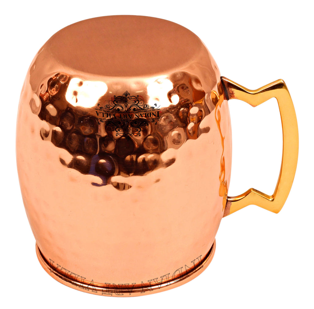 Indian Art Villa Steel Copper Hammered Round Shaped Moscow Mule, Beer Mug with Designer Brass Handle, 600ml