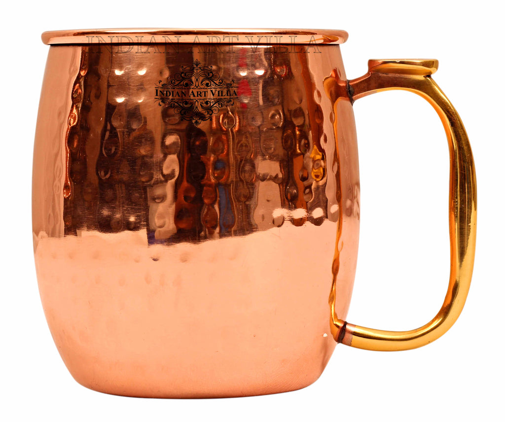 Indian Art Villa Steel Copper Hammered Round Shaped Moscow Mule, Beer Mug with Thumb rest Brass Handle, 650ml