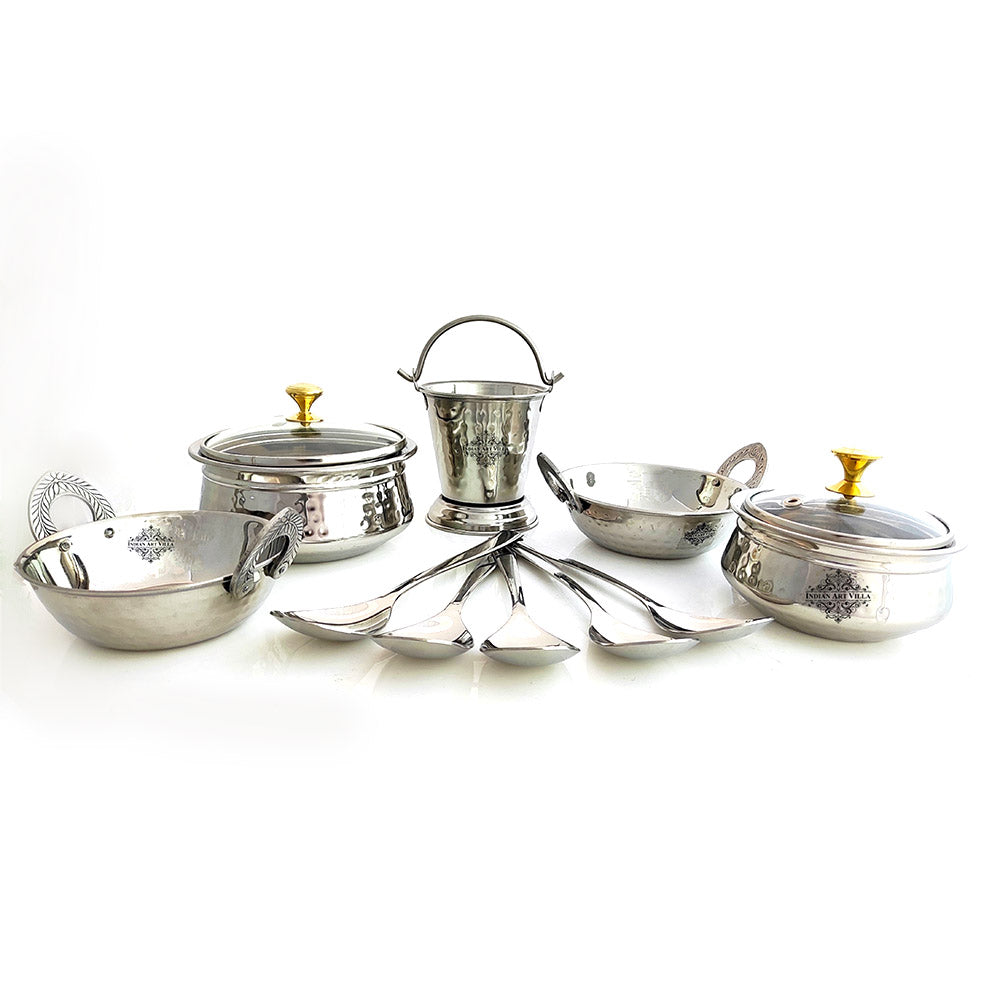 Indian Art Villa Set of Stainless Steel D/W Hammered Design, Handi No.1,2 with Glass Lid, Kadhai No.1,2, Bucket No.1 & Serving Spoon x5, 12 Pieces Set