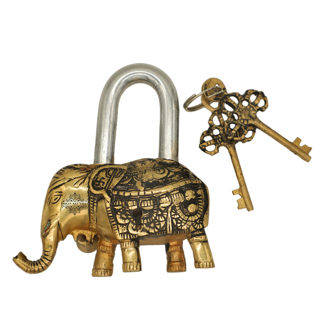 Indian Art Villa Handmade Old Vintage Style Antique Elephant Shape Brass Security Lock with 2 Keys|Home Temple Office