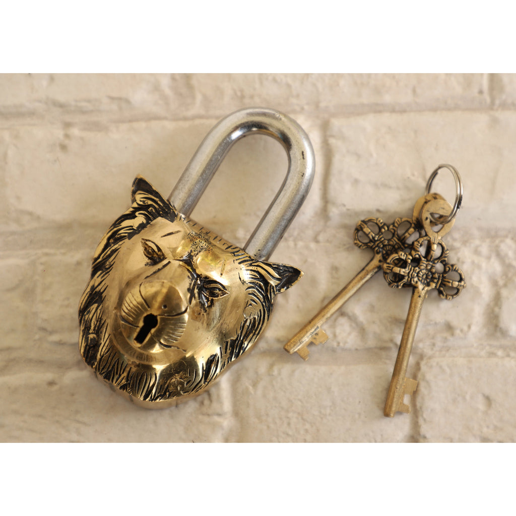 Indian Art Villa Handmade Old Vintage Style Antique Lion Face Shape Brass Security Lock with 2 Keys|Home Temple Office,Size-6x3.5" Inches
