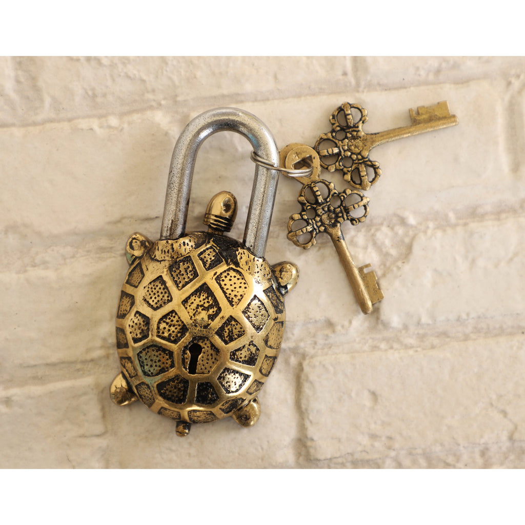 Indian Art Villa Handmade Old Vintage Style Antique Tortoise Shape Brass Security Lock with 2 Keys|Home Temple Office,Size-1x5.5" Inches