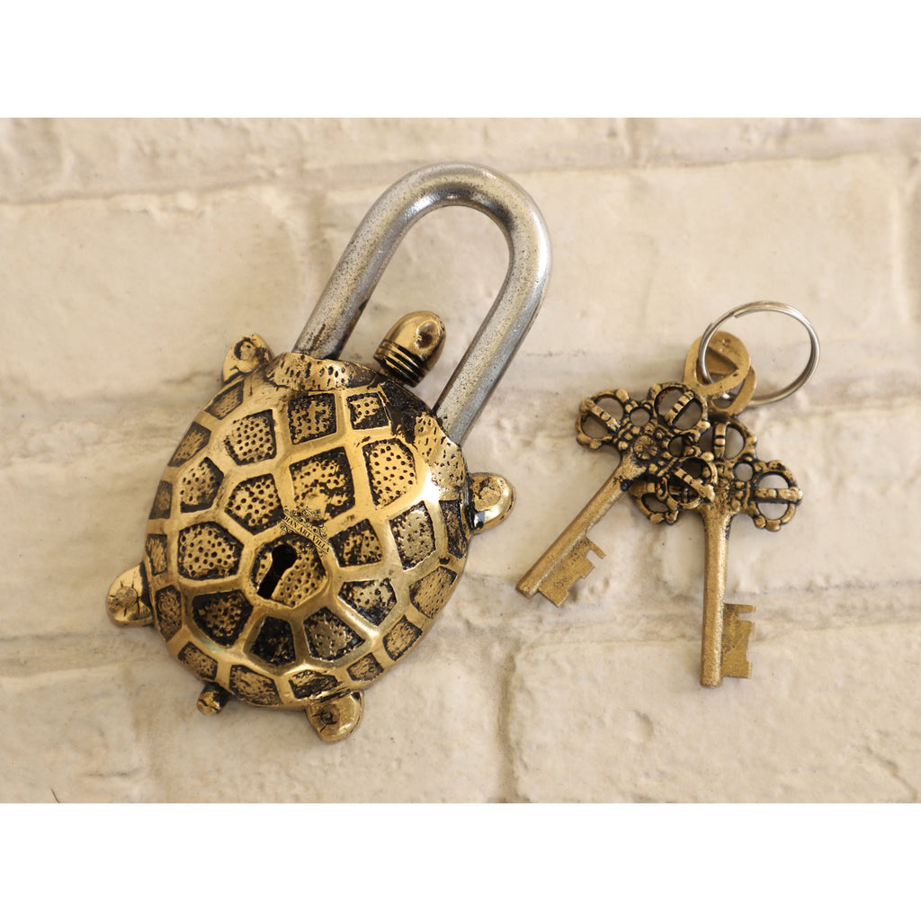 Indian Art Villa Handmade Old Vintage Style Antique Tortoise Shape Brass Security Lock with 2 Keys|Home Temple Office,Size-1x5.5" Inches