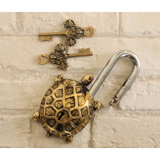 Handmade Old Vintage Style Antique Tortoise Shape Brass Security Lock with 2 Keys|Home Temple Office,Size-1x13.97 cm