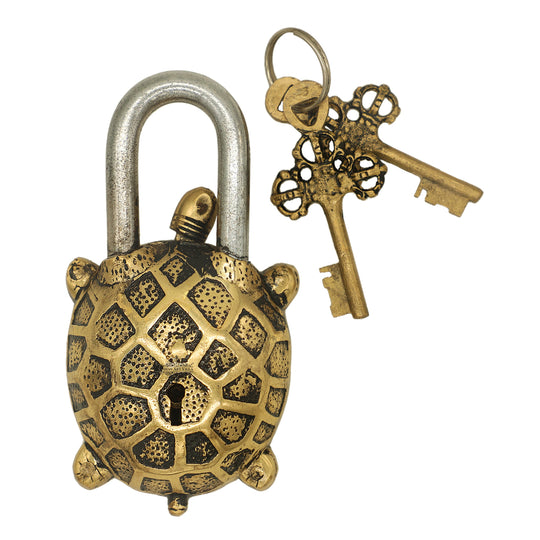 Handmade Old Vintage Style Antique Tortoise Shape Brass Security Lock with 2 Keys|Home Temple Office,Size-1x13.97 cm