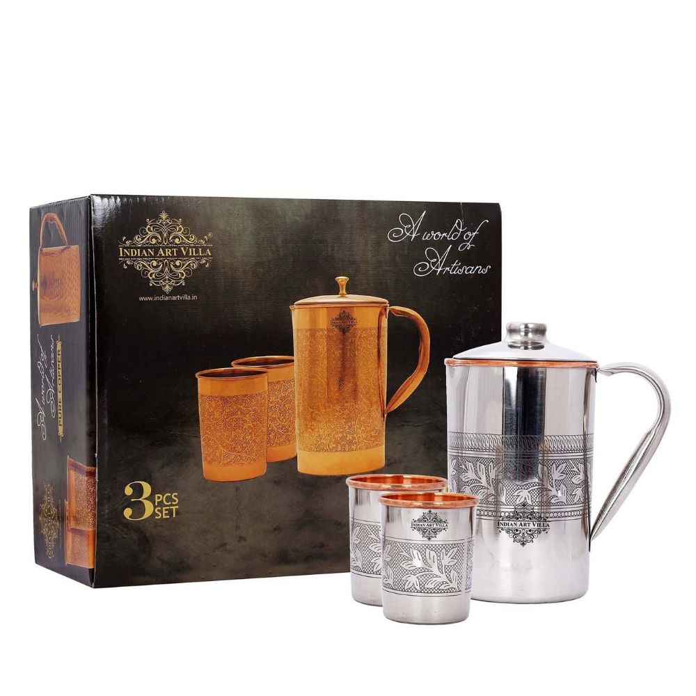 Steel Copper Embossed Design Jug & Glass With Box